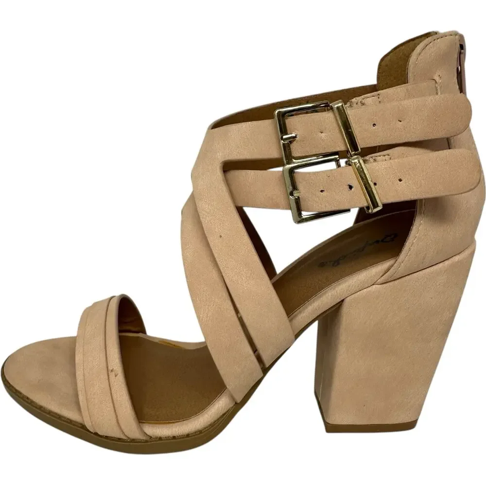 Qupid‎ Strappy Block Heel Sandal 7.5 Nude Tan Crossover Ankle Strap Chunky Boho